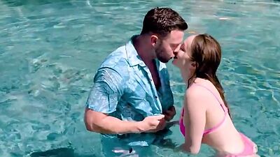 Busty cheating milf gets fucked outdoors by a pool cleaner