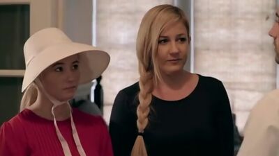 Fertile handmaid Carolina Sweets participates in a ceremony where she rides her mans fuck stick in her bald pussy