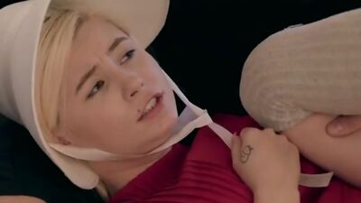 Fertile handmaid Carolina Sweets participates in a ceremony where she rides her mans fuck stick in her bald pussy