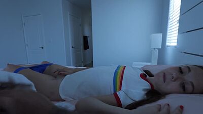 Stepsister plays with her pussy beside her stepbrother