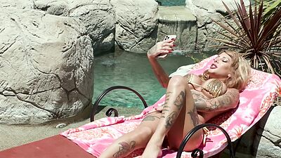 Skinny inked blonde slut Kitana Montana taboo fucked by the pool outdoor