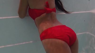 Asian teen enjoyed posing in the pool before she swallowed big hard cock