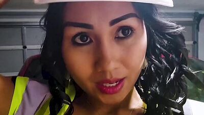 Big tits Asian teen worker fucked herslef after posing in the car garage