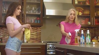 Stepmom Sarah can't help bu t admire Lola while cleaning