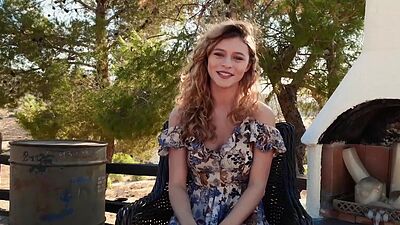 Big boobed all natural naked blondie Alice Antoinette posing on a horse