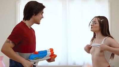 Stepmom watches the stepsiblings as they touch each other