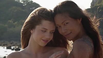 Petite big tits Asian teen Maki Katana posed with sexy European teen Kay J