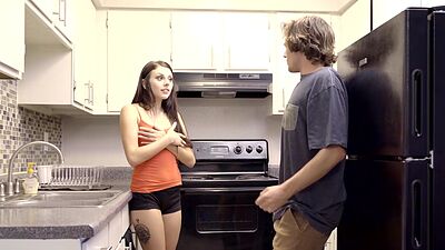 Stepbro rubbed his dick on hot stepsis and horny teen knelt and sucked it