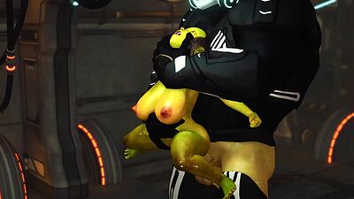 Alien sex in a starship. Female green alien gets fucked by a big monster 2