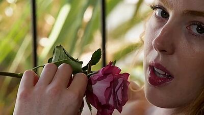 Long legged babe Erna Ohara stripping and washing her hairy redhead pussy