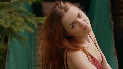 Petite redhead Russian Kate Great stripping on a suspension bridge outdoor