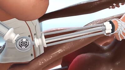 Female sex android plays with a sexy ebony in the space station