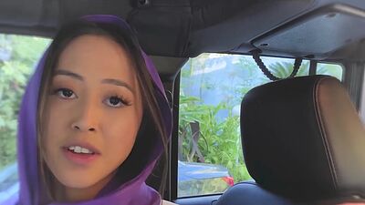 Sexy teen Arab girlfriend Alexia Anders sucking my big cock in the car