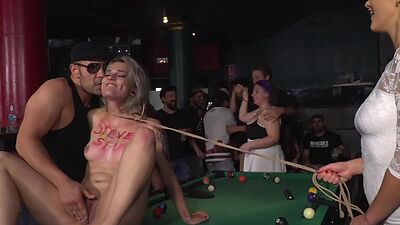 Submissive babe on rope public fucked in rough group sex
