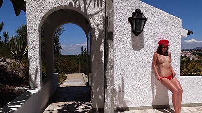 Hot red lingerie and perfect teen model in passion outdoor posing action