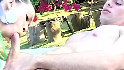 Busty teen rides cock outdoors