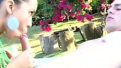 Busty teen rides cock outdoors