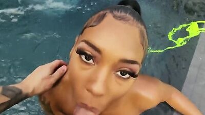 Titty fucking curvy ebony POV style in the pool