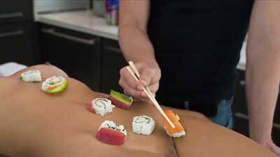 Asian gf serves sushi for hard cock