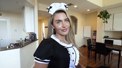 Stepsister in sexy maid outfit gives stepbrother a handjob and blowjob
