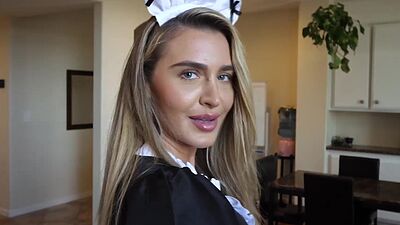 Stepsister in sexy maid outfit gives stepbrother a handjob and blowjob