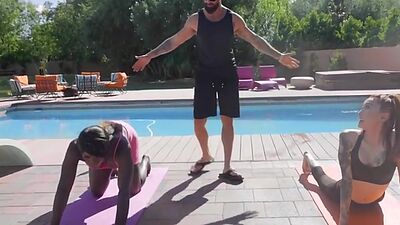 Yoga Asian and Black TS MILFS in 3some bareback action