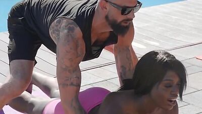 Yoga Asian and Black TS MILFS in 3some bareback action