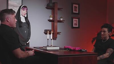 Gagging CFNM babe in uniform sucks priest cock in dormitory