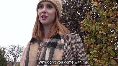 Cheap redhead slut gets cash for POV outdoor public sex