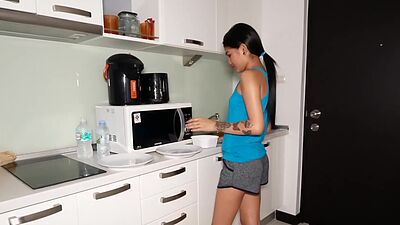 Tiny Thai teen GF fucked hard doggystyle after she made dinner for the BF