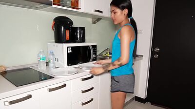 Tiny Thai teen GF fucked hard doggystyle after she made dinner for the BF