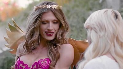 Trans cupid Jade Venus fucks lesbian couple and licks pussy