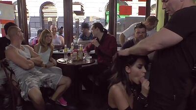 Scandalous nympho slut sucks hard dick at public place