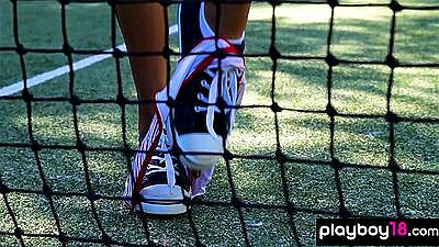 Small titted latina beauty Katherinne Sofia stripping at a tennis field