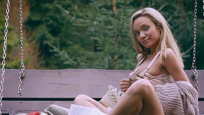 Tiny titted Russian blondie Zhenya Belaya stripping and posing outdoor