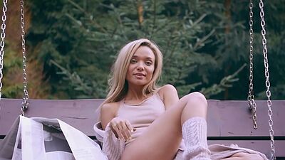 Tiny titted Russian blondie Zhenya Belaya stripping and posing outdoor
