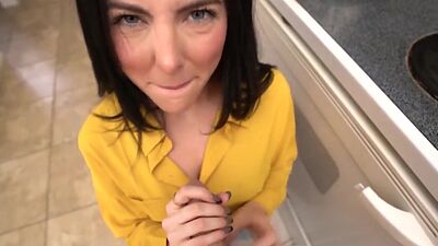 Theodora cooking some dinner while giving stepbro a nice handjob