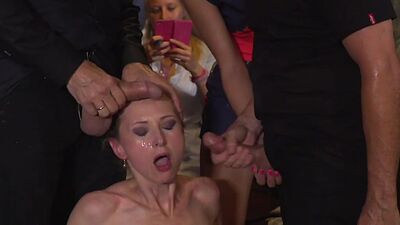 Skinny anal slut fucked and humiliated in public till facial