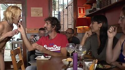 Public foot fetish slut fed and humiliated by audience