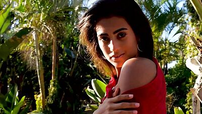 Petite latina Katherinne Sofia stripping and posing at a grove outdoor