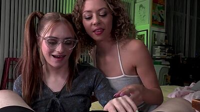 HJ and B 21yopetite sluts in POV amateur closeup 3some