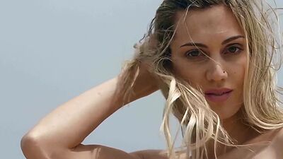 Super skinny blonde Italian babe Francy Torino stripping at a pier outdoor