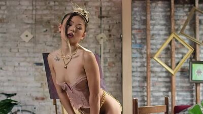 Petite Asian babe in high heels rubbing muff till orgasm