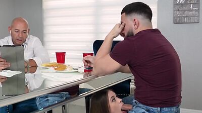 Josie sneakily sucked Peter's cock under the table