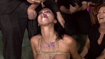 Public BDSM slut penetrated in threesome by two dominant BWC