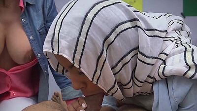 Lovely Mia Khalifa swallows big dick in POV threesome