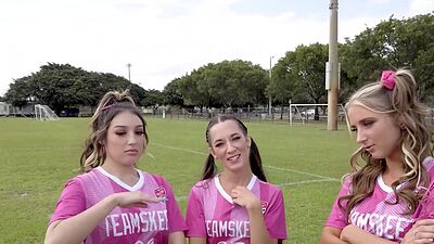 Squirter soccer teen Freya von Doom and BFFs playing with coachs big balls