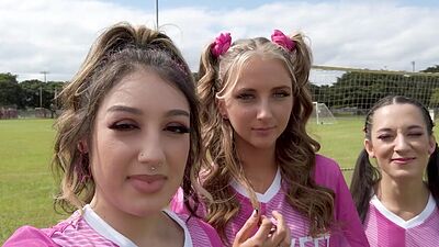 Squirter soccer teen Freya von Doom and BFFs playing with coachs big balls