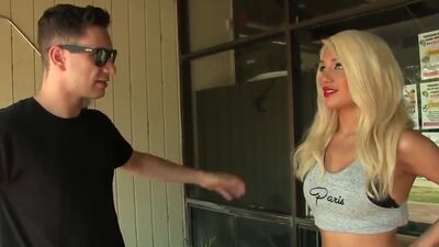 Tiny Blonde Slut Elizabeth Drops out and Drops to her Knees for Cock