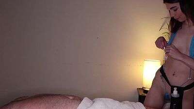 Nasty spa lady massages client dick b4 sucking it hard